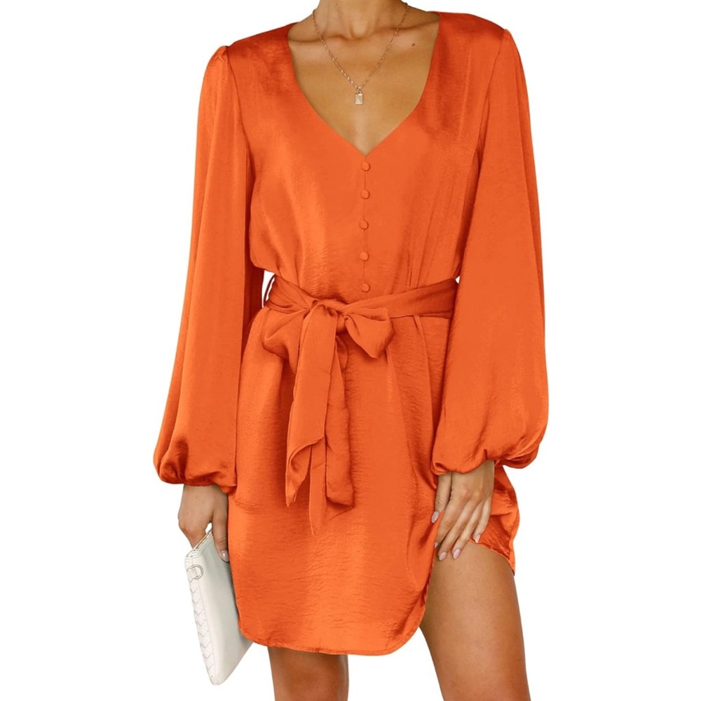 NWT Pretty Garden Long Sleeve Satin V Neck Dress Size L